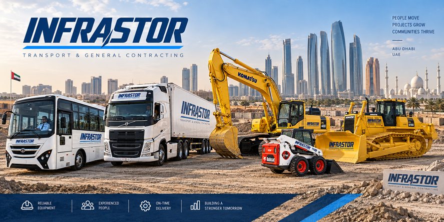 Infrastor bus, truck head and trailer, excavator, skid-steer and dozer lined up against the Abu Dhabi skyline